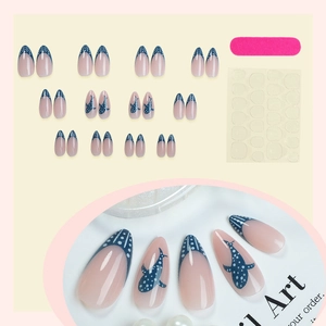 Blue almond cartoon shark press-on nails set with 24 pieces and manicure tools
