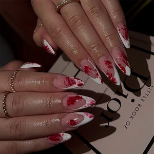 Halloween Press On Nails Almond Red Blood Splatter Horror Gothic Spooky False Nails Women With Adhesive Tabs And File