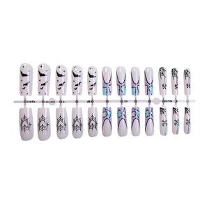 Halloween purple long coffin press on nails with spider bat designs and colorful rhinestones