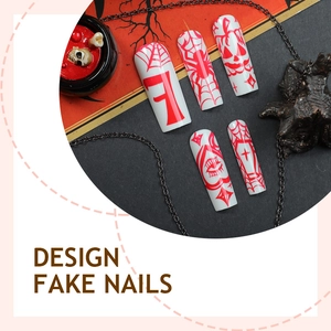 Halloween press-on nails featuring red spider and web motifs on a long white base
