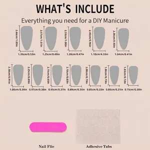 Press on nails size chart with gray pointed tips, file and glue set measurements