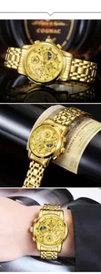 Detailed views of a gold multifunctional chronograph watch with moon phase and calendar