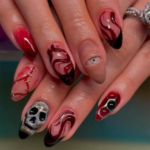 Halloween Press On Nails Gothic Horror Skull Eyeball Blood Red Black Fake Nails Full Cover Manicure For Women