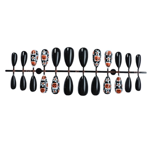 Halloween almond press-on nails with pumpkin patterns and black checkerboard designs
