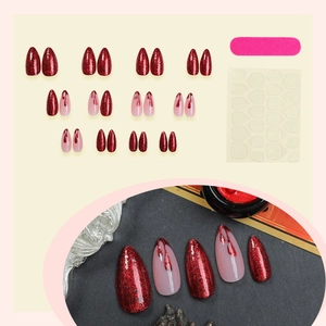Halloween almond blood drip French nails with red glitter and adhesive tabs kit