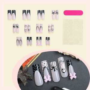 Halloween long square press-on nails set with ghosts, polka dots and 3D bows decor