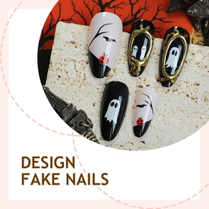 3D Halloween almond press-on nails with golden ghost, bat, and pumpkin designs