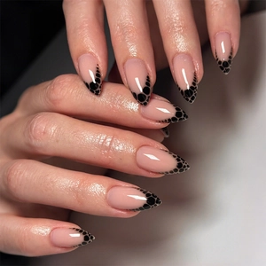 Long Almond Press On Nails Leopard Print French Tip Fake Nails Glossy Nude Pink Plastic Manicure For Women With Adhesive Tabs And File