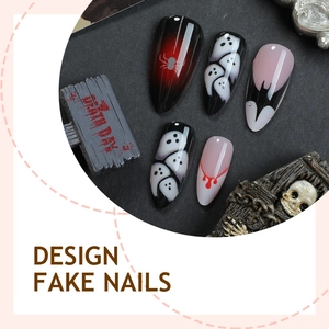 Halloween almond fake nails featuring spider, bat, and ghost designs on red-black gradient