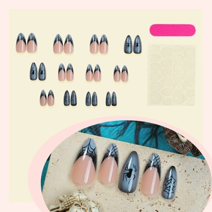 Halloween almond fake nails with spider web patterns and grey cat eye French tips set