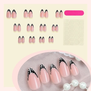 24pcs long almond fake nails with pink base and black leopard print French tips set