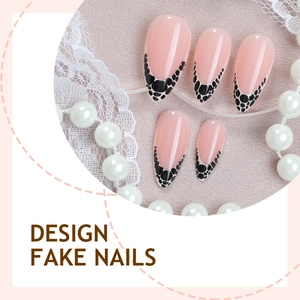 Almond press-on nails with pink base and black leopard gradient tips on lace background