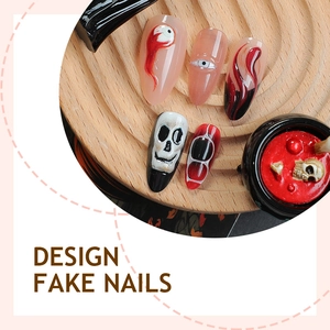 3D Halloween press-on nails featuring skull, blood, and eyeball art designs