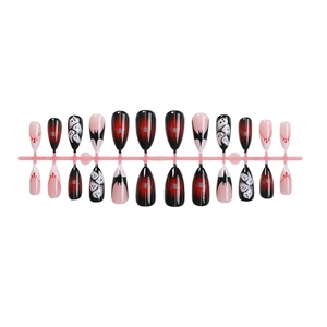 Halloween almond false nails with bat, ghost, and spider designs in red and black gradient