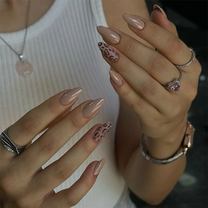 Glossy Almond Press On Nails Leopard Print And Solid Coffee Color Artificial Fingernails Manicure Accessories For Women