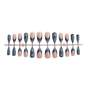Halloween almond press-on nails with spider web and blue french tip designs
