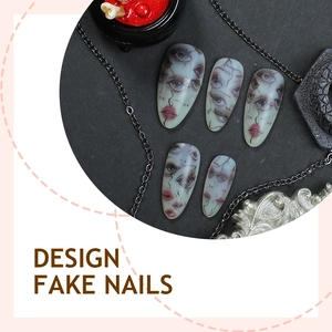 Faux ongles amande effrayants avec yeux réalistes et lèvres rouges pour Halloween