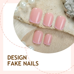 Short square pink jelly press-on nails with light pink French tips on natural stone