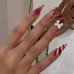 Christmas Red French Tip Press On Nails Stiletto Fake Nails With 3D Bow Snowflake Candy Cane Design For Holiday Party
