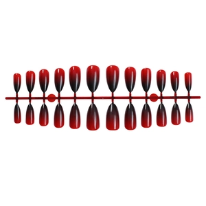 Short almond press-on nails with red and black gradient finish in 24-piece set