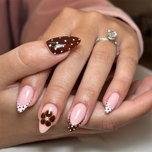Handmade Polka Dot French Tip Press On Nails Brown Pink Floral Almond Shape False Nails With Jelly Glue And Nail File
