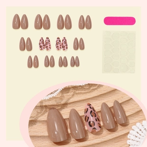 Autumn almond press-on nails set with solid brown and leopard pattern glossy finish