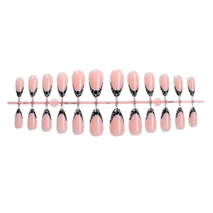 24pcs French almond press-on nails with nude pink base and black leopard print tips