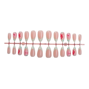 Unghie a mandorla corte con bordo francese verde e decorazioni floreali rosa set