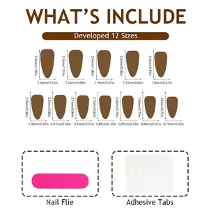Size chart for black French almond press-on nails with 12 sizes and application tools