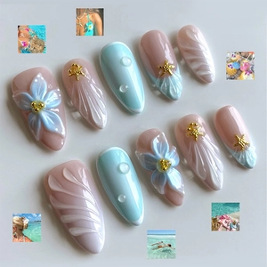 Press On Nails 3D Relief Flower Starfish Metal Charms Almond Shape Summer Ocean Style For Women
