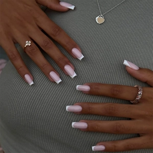 French Tip Press On Nails Long Coffin Fake Nails Pink And White Glossy Full Cover Artificial Finger Nails Adhesive Tabs Nail File