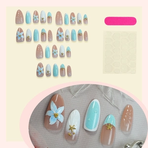 3D ocean themed almond press-on nails set with starfish and floral relief art