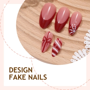 Christmas press-on nails with red French tips, bow designs, and festive patterns