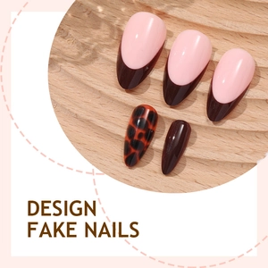 Almond-shaped press-on nails featuring amber leopard print and brown French tip designs