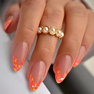 Almond Press On Nails French Autumn Maple Leaves Nude Pink Fake Nails With Adhesive Tabs And File Artificial Fingernails For Women