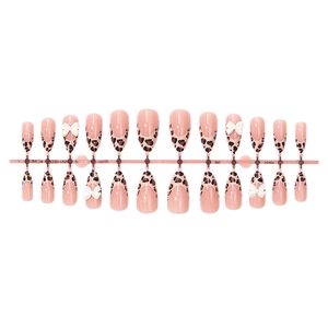 Almond leopard print press-on nails set with 3D bows on pink base and French tips