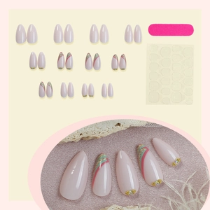 French almond fake nails set with pink green glitter stripes and rhinestones