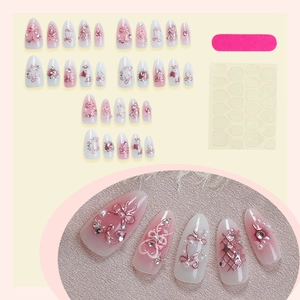 Kit de faux ongles 3D avec dégradé rose, nœuds en relief, perles et strass brillants