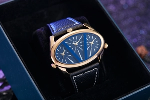 Detailed view of Oulm multi-dial watch in gift box with rose gold casing and leather strap