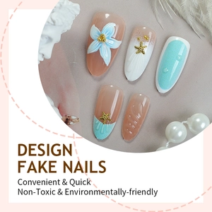 3D sea star and flower almond press-on nails with blue accents and ocean pearls