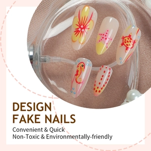 Vibrant almond-shaped ocean themed press-on nails with sea horse and flower art