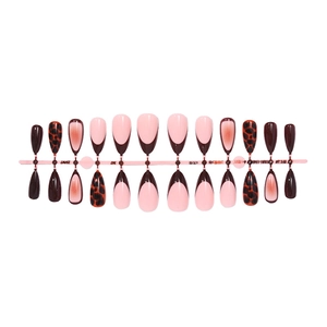 Almond press-on nails set with gradient amber, leopard print, and coffee brown designs