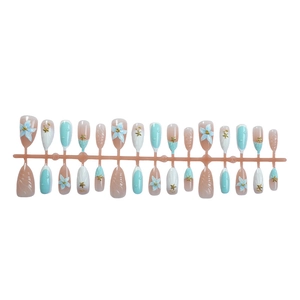 3D almond press-on nails set with sea star, floral patterns and pearls in XS size
