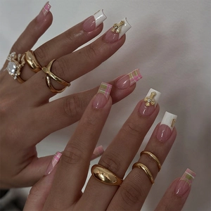 Französische Weiße Spitze Press On Nägel Mit Strass Kreuz Karo Design Lange Sarg Falsche Nägel Für Frauen Elegant