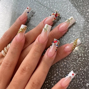 French Press On Nails With Cross Metal Charm Colorful Rhinestones Pink Gradient Long Coffin Shape Handmade DIY Manicure
