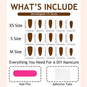 Sizing chart for pink 3D flower press-on nails showing XS, S, M dimensions and DIY kit
