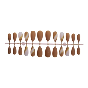 Almond fake nails set with gold glitter lines and brown matte finish, 24 pieces pack