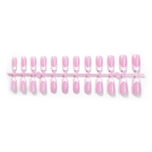 24pcs French tip press-on nails set with pink base and white tips on display stand