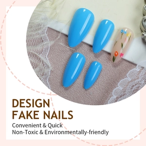 French almond press-on nails set with vibrant blue color and floral patterns