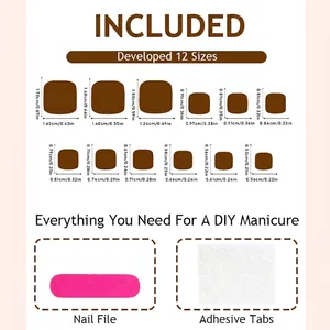 Size guide for French nude press-on nails with 12 dimensions, nail file, and glue tabs